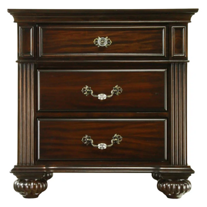 Elegant Traditional 4-Piece Walnut Wood Poster Bedroom Set with Floral Carved Headboard and Fluted Detailing