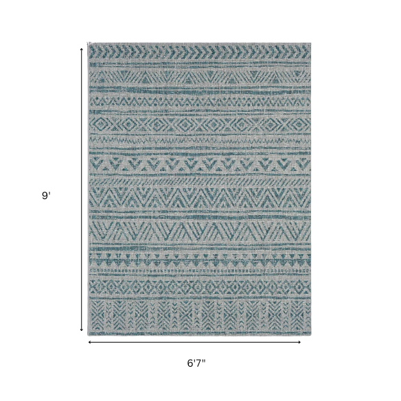 Striped Geometric Area Rug – Aqua & Taupe, Durable Polypropylene, Low-Pile Design for High-Traffic Indoor/Outdoor Spaces