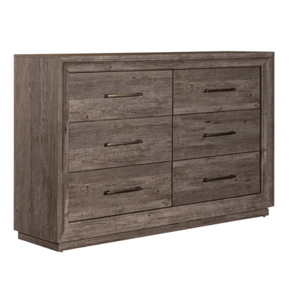 Modern Greystone 4-Piece King Storage Bed, Dresser, Mirror & Nightstand Set with LED Lighting, Built-In Charging Station, and Brushed Nickel Hardware – Floating Panel Headboard and Plinth Base