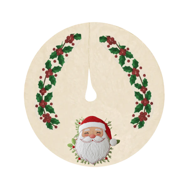 Cream Christmas Tree Skirt with Embroidered Holly, Berries & Applique Santa