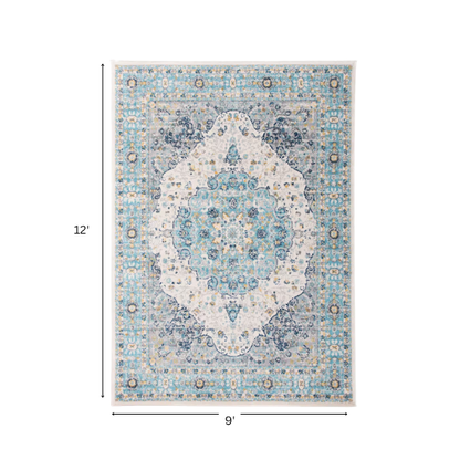 Distressed Oriental-Inspired Indoor Rug – Blue, Yellow & Cream Medallion Pattern, Stain-Resistant, Fade-Resistant, Perfect for Traditional & French Country Décor