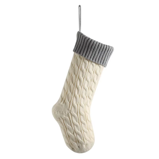 Grey Top with White Knitted Christmas Stocking – Cable Knit Holiday Gift Bag with Soft Lining