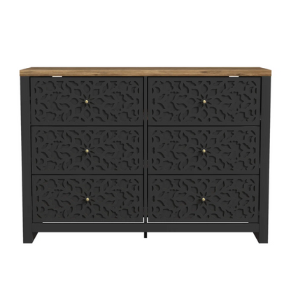 Boho-Inspired 45.4" 6-Drawer Dresser with Distressed Finish and Openwork Floral Details