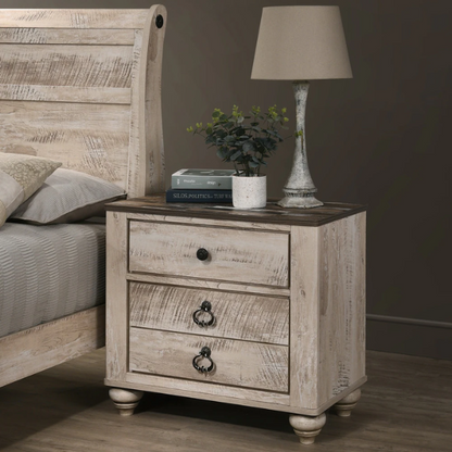 Charming 6-Piece White Wash Finish Bedroom Set with Sleigh Bed, Dresser, Mirror, Nightstands, and Chest – Antique Bronze Accents and Rustic Elegance
