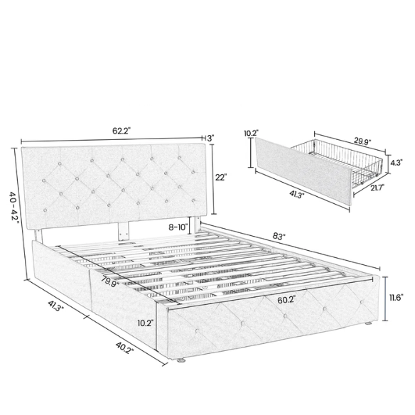 Queen Size Upholstered Platform Storage Bed with Tufted Button Accent Design