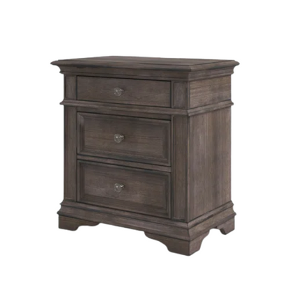 3-Piece Rustic Upholstered Panel Queen Bedroom Set in Driftwood Grey or Rustic Ivory – Includes Nightstand, Double Dresser with Mirror, and Button-Tufted Bed with Nailhead Trim
