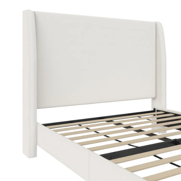 Luxurious Queen Size Upholstered Wingback Bed in Soft Linen Fabric