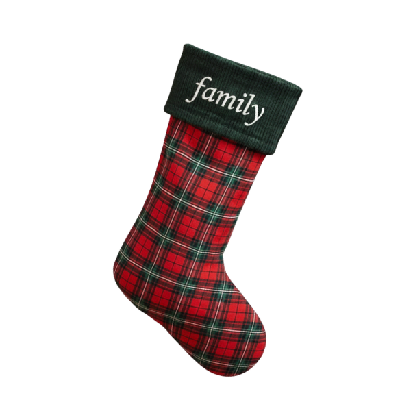 Embroidered Family Plaid Christmas Stocking - Red & Green
