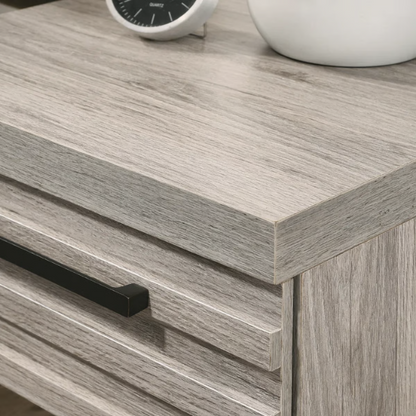 Upholstered 5-Piece Bedroom Set with Weathered Gray Finish, LED Piers, and Functional Storage
