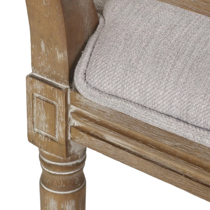 Set of 6 French country dining chairs with natural wood frames, handwoven cane backs, and light grey upholstered seats, featuring fluted legs and classic rustic charm.

