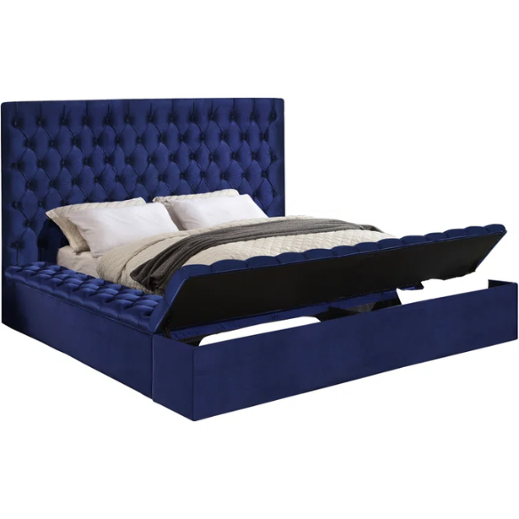 Elegant Velvet Upholstered King Size Platform Storage Bed with Tufted Headboard and Slats