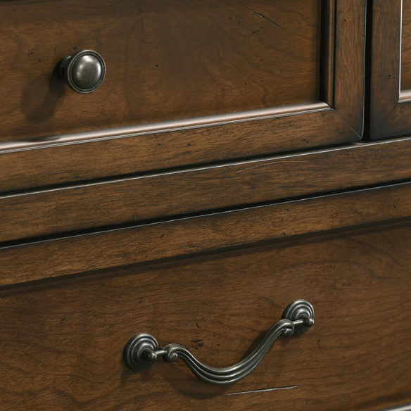Classic Traditional Wood Queen Panel Bed with Dresser, Mirror, and Two Nightstands in Antique Walnut Finish