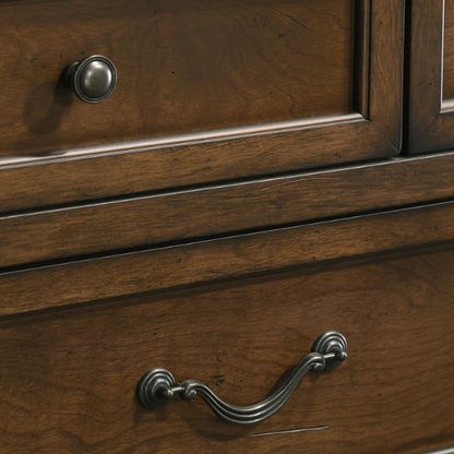 Classic Traditional Wood Queen Panel Bed with Dresser, Mirror, and Two Nightstands in Antique Walnut Finish
