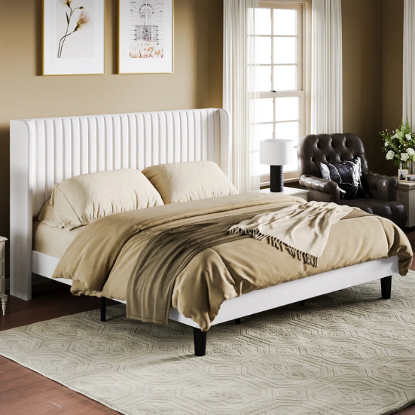 Luxurious King Size Upholstered Velvet Platform Bed with Modern Wingback Headboard – Heavy-Duty Steel Frame, No Box Spring Needed, and Ample Under-Bed Storage