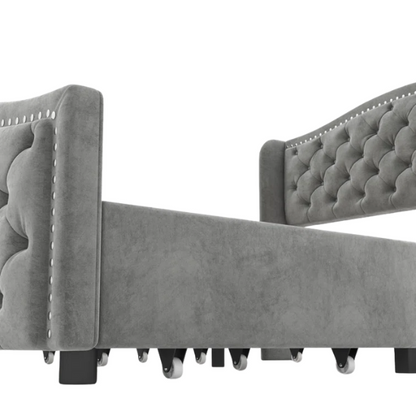 Luxurious King Size Velvet Upholstered Platform Bed with Tufted Camelback Headboard, Nailhead Trim, and 4 Built-In Storage Drawers – Stylish and Functional Bedroom Upgrade