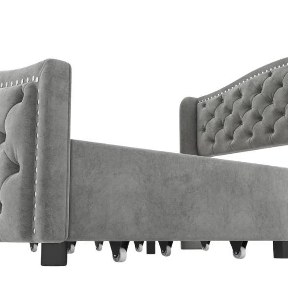 Luxurious King Size Velvet Upholstered Platform Bed with Tufted Camelback Headboard, Nailhead Trim, and 4 Built-In Storage Drawers – Stylish and Functional Bedroom Upgrade