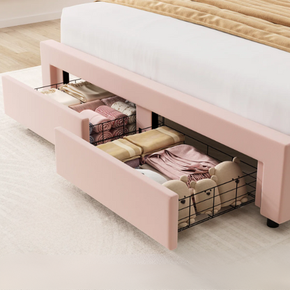 Floral-Inspired Queen Size Upholstered LED Bed Frame with Luxury Velvet, Drawer, and Adjustable Headboard