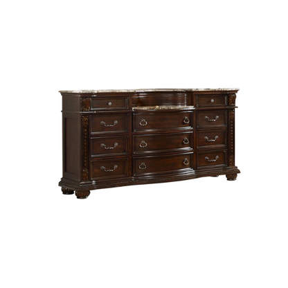 Classic Elegance 5-Piece Queen Bedroom Set in Dark Walnut with Button-Tufted Headboard, Marble-Topped Nightstand, 11-Drawer Dresser, Beveled Mirror, and Storage Chest