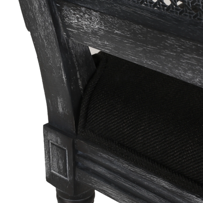 French Country Wood and Cane Upholstered Dining Chairs – Weathered Rubberwood Frame with Fluted Legs & Rectangular Cane Backrest
