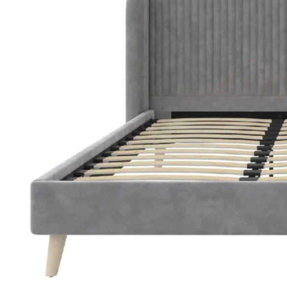 King Size Upholstered Wingback Platform Bed – Luxe Velvet Headboard with Vertical Tufting, Mid-Century Modern Design, and Space-Saving Wooden Frame