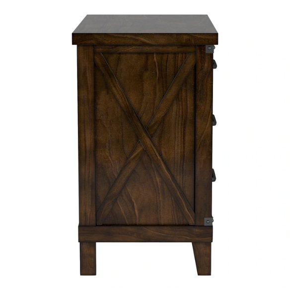 Rustic Dark Walnut 2-Piece Queen Bed and Nightstand Set – Country-Inspired Charm with X-Detail Panel Design and Metal Accents