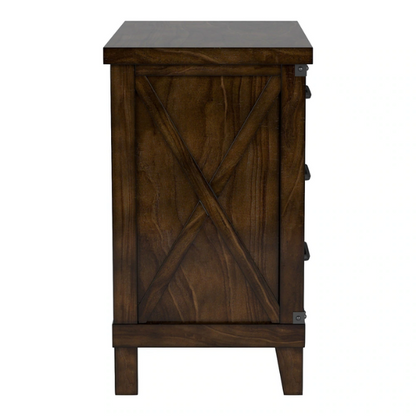 Rustic Dark Walnut 2-Piece Queen Bed and Nightstand Set – Country-Inspired Charm with X-Detail Panel Design and Metal Accents