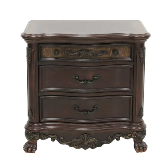 4-Piece Configurable Bedroom Set with Solid Cherry Wood Construction, Antique Walnut Veneer, Crown Molding, Carved Claw Feet, and Ample Storage - Includes Bed, Dresser, Nightstand, and Matching Mirror