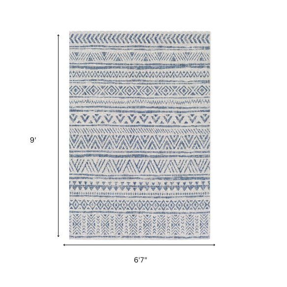 Striped Geometric Area Rug – Blue & Cream White, Durable Polypropylene, Low-Pile Design for High-Traffic Indoor/Outdoor Spaces