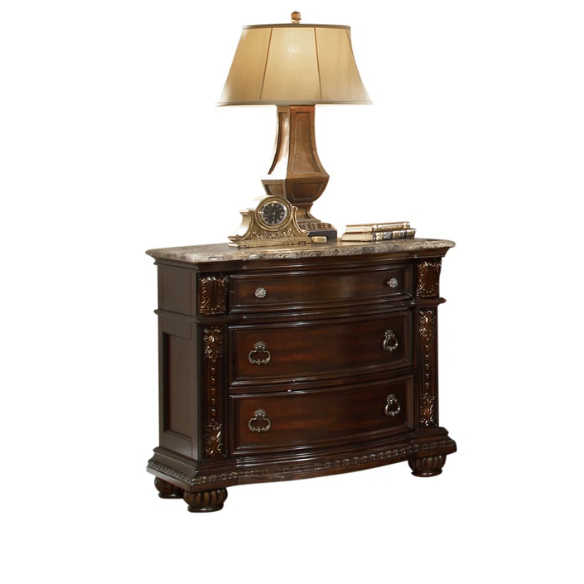 Classic Elegance 5-Piece Queen Bedroom Set in Dark Walnut with Button-Tufted Headboard, Marble-Topped Nightstand, 11-Drawer Dresser, Beveled Mirror, and Storage Chest