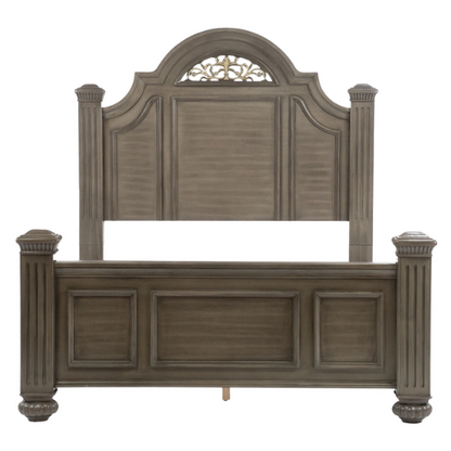 Elegant Traditional 5-Piece Grey Wood Poster Bedroom Set with Fluted Columns, Carved Floral Accents, and Bell-Shaped Headboard