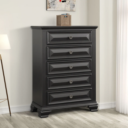 Timeless Vintage Black Wood 6-Piece Traditional Bedroom Set with Double-Panel Bed, Silvertone Accents, and Fluted Pilasters