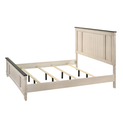 Elegant Cream & Brown 6-Piece Queen Panel Bedroom Set – Solid Wood Bed, Dresser, Mirror, 2 Nightstands, and Chest with Ample Storage