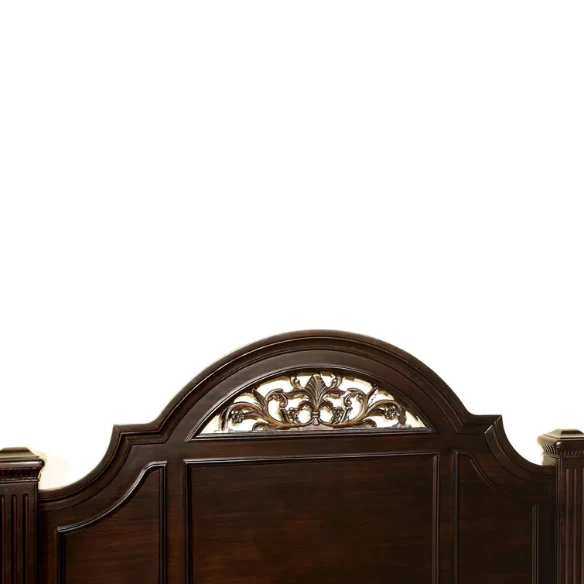Elegant Traditional 4-Piece Walnut Wood Poster Bedroom Set with Floral Carved Headboard and Fluted Detailing