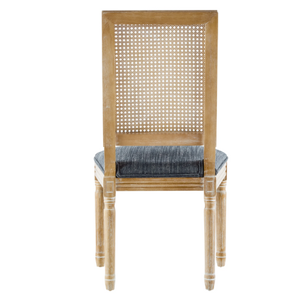 French Country Wood and Cane Upholstered Dining Chairs – Weathered Rubberwood Frame with Fluted Legs & Rectangular Cane Backrest