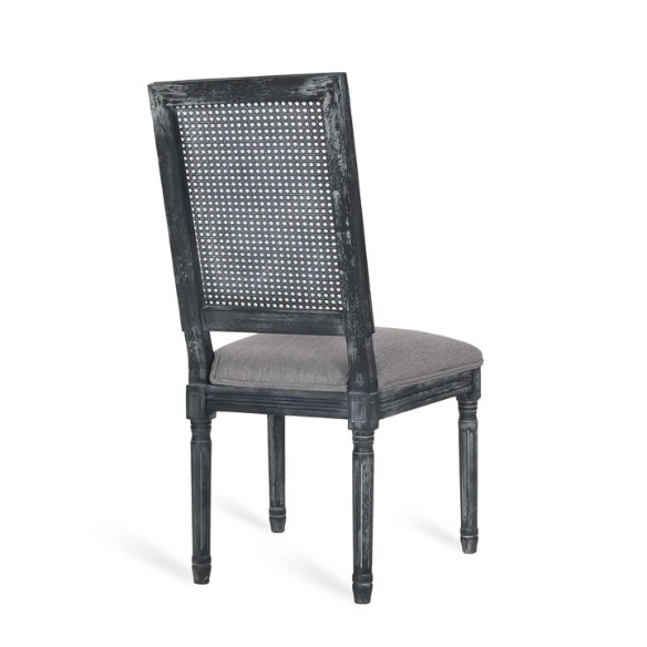 French Country Wood and Cane Upholstered Dining Chairs – Weathered Rubberwood Frame with Fluted Legs & Rectangular Cane Backrest
