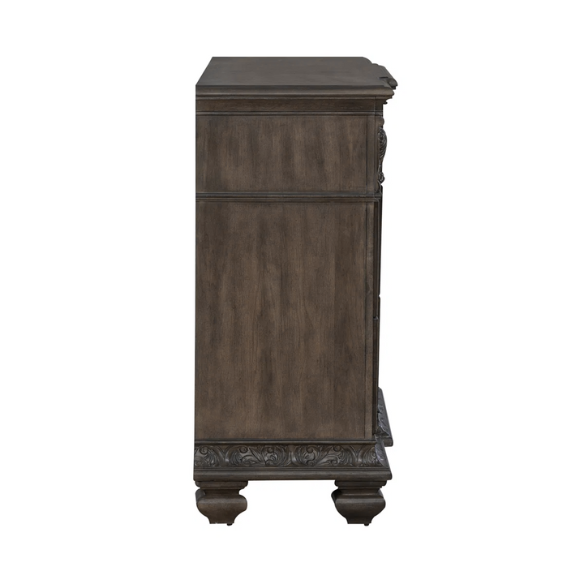 Brown & Beige King Poster Bedroom Set with Dresser, Mirror, Chest & Nightstand – Rustic Hickory Veneers, Sand Linen Upholstery, Antique Brass Accents