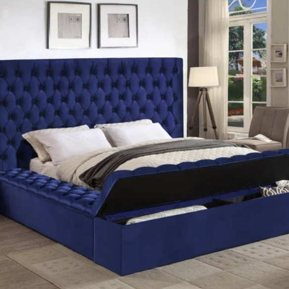 Elegant Velvet Upholstered King Size Platform Storage Bed with Tufted Headboard and Slats