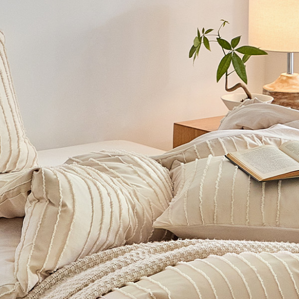 Luxurious Tufted Duvet Cover Set – Queen Size | Striped Textured Boho Bedding | Ultra-Soft Washed Microfiber | 3-Piece Set