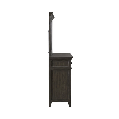 Timeless Queen Bedroom Set with Saddle Brown Panel Bed, Dresser, Mirror, and Antique Pewter Hardware