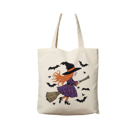 Embroidered Witchy Broomstick Canvas Tote Bag with Flying Bats Graphic