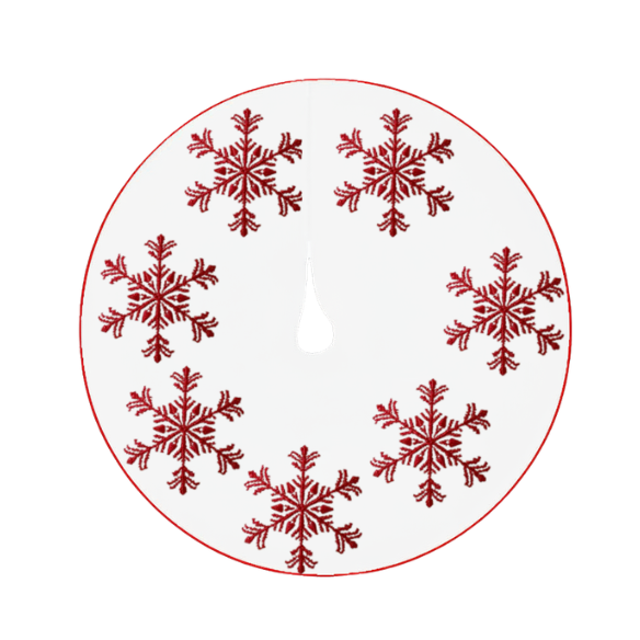 White Christmas Tree Skirt with Embroidered Red Snowflakes