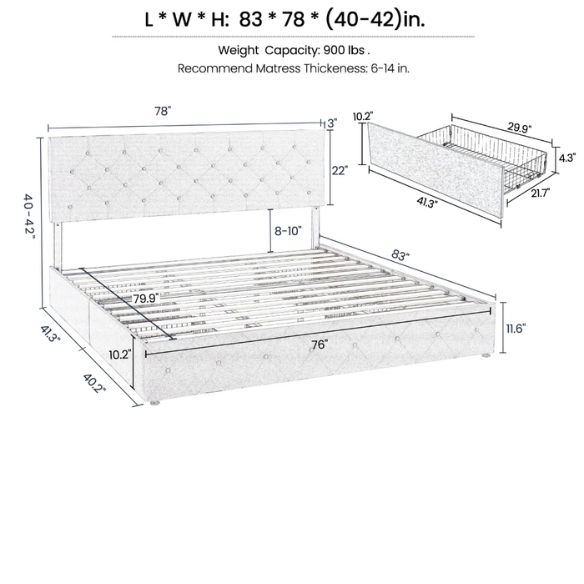 King Size Upholstered Platform Bed with Storage Drawers, Padded Headboard, and Sophisticated Button Tufting