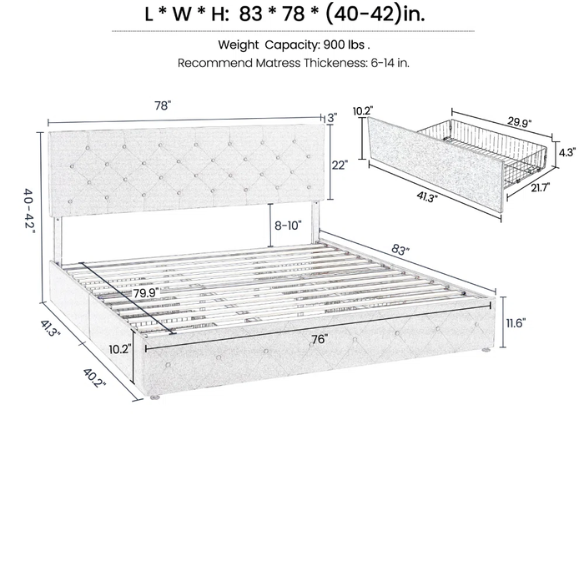 King Size Upholstered Platform Bed with Storage Drawers, Padded Headboard, and Sophisticated Button Tufting