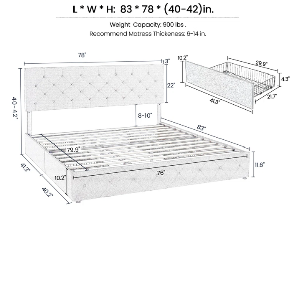 King Size Upholstered Platform Bed with Storage Drawers, Padded Headboard, and Sophisticated Button Tufting