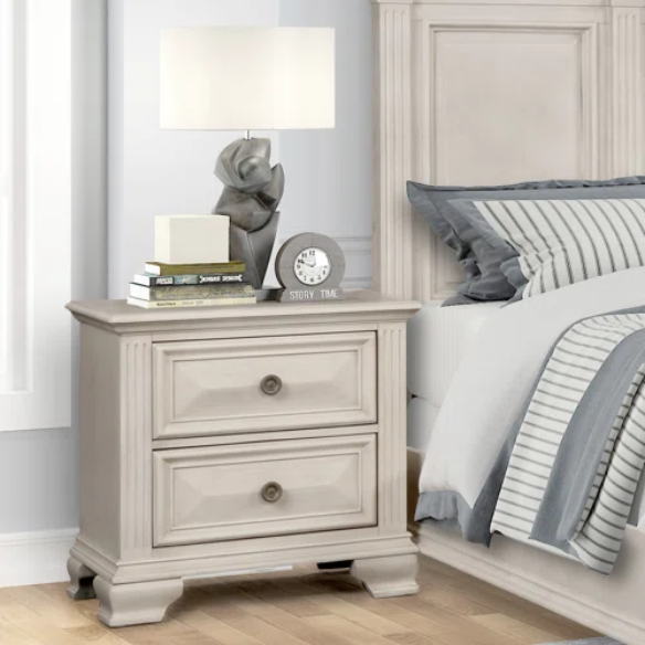 Solid Wood Panel 3-Piece Bedroom Set – Renova Distressed Parchment Wood Panel Bed with Vintage Black Finish, Muted Silver Accents, Fluted Pilasters, and French Bracket Foot Bases – Timeless Traditional Style with Raised Beveled Drawer Fronts