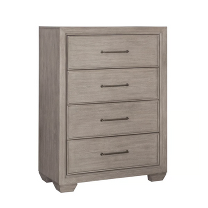 6-Piece Gray Wood Bedroom Set with Upholstered Panel Bed, Dresser, Mirror, 2 Nightstands, and Chest – Elegant and Timeless Design