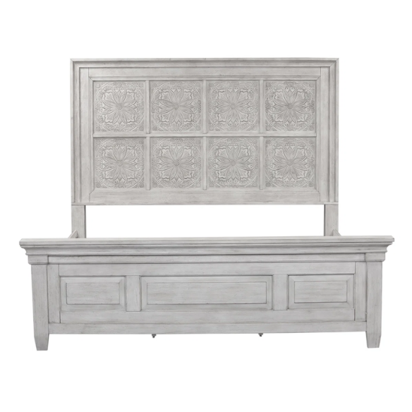 Transform Your Farmhouse Bedroom with the Queen Panel Bed, Dresser, Mirror, and Chest Set – Featuring Rustic Charm and Elegant Storage