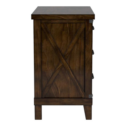 Rustic Dark Walnut 2-Piece King Size Panel Bed and Nightstand Set with X-Shape Accents and Metal Corners