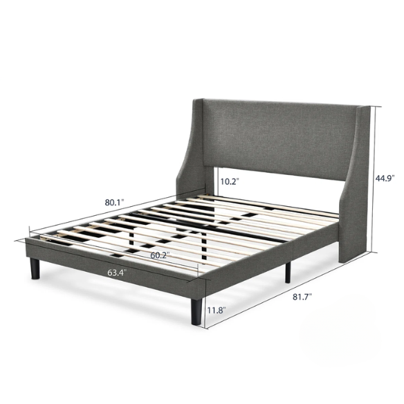 Modern Queen Size Upholstered Platform Bed with Deluxe Wingback and Linen Blend Fabric