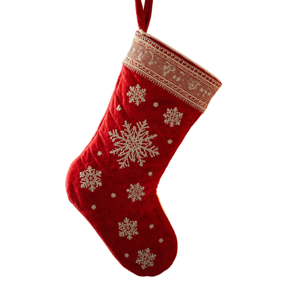 Red Velvet Christmas Stocking with Embroidered Snowflakes and Gold Cuff